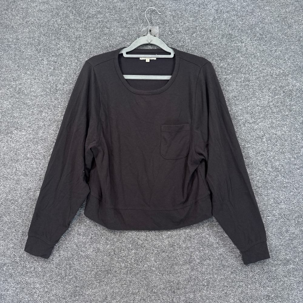 Madewell Shirt Womens Small Black Long Sleeve Cropped Tshirt Pocket Crew Neck